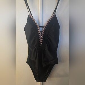 Chic Deep V-Neck Black & Pink Detail - One-Piece Swimsuit - WOMANS SIZE LARGE